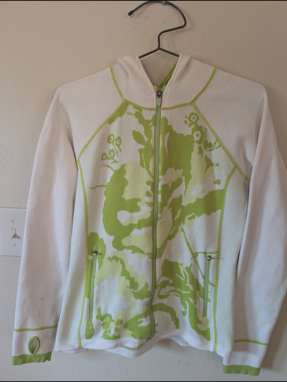 White & Light Green Floral Zip Hoodie Jacket